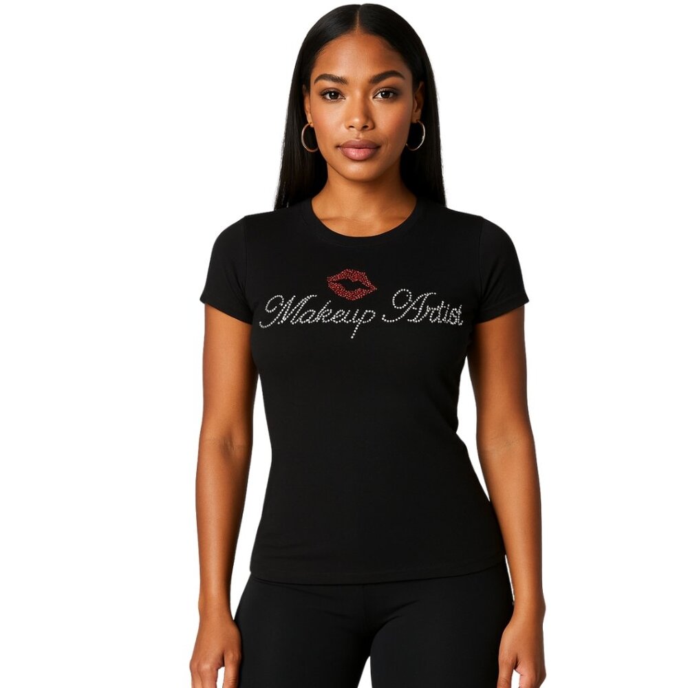 MAKEUP ARTIST Rhinestone Graphic Embellished Black T-Shirt Size Large - NEW